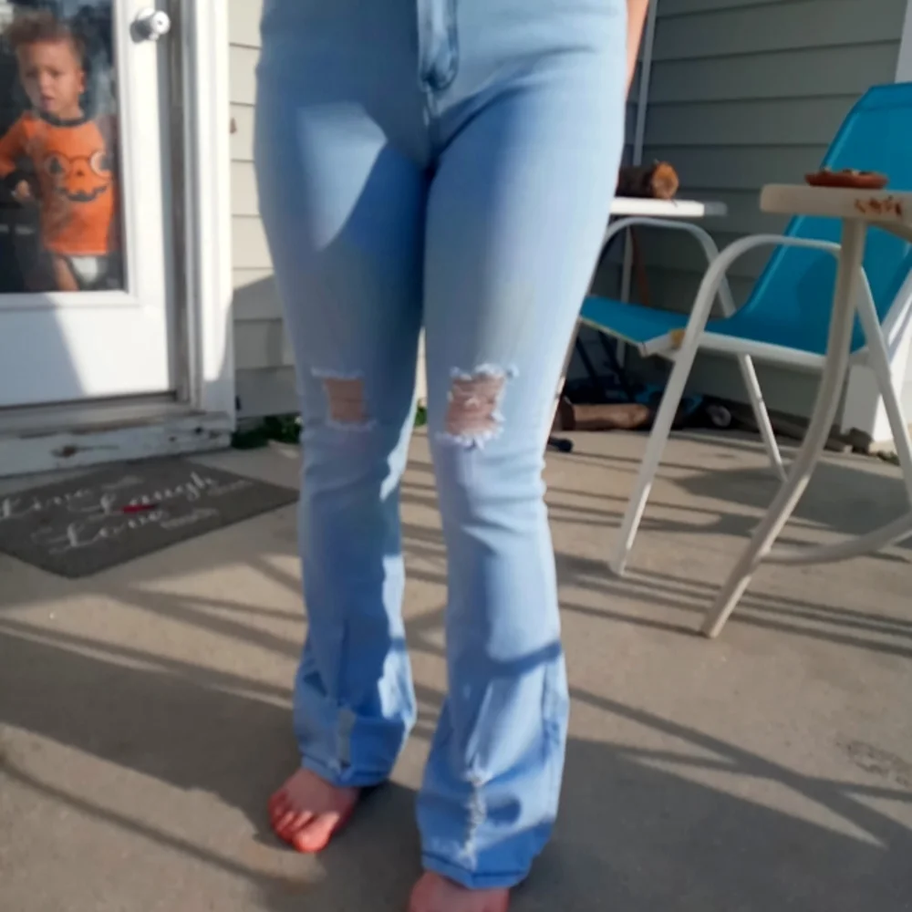 Light Blue Ripped Flare Jeans - Picture 1 of 2